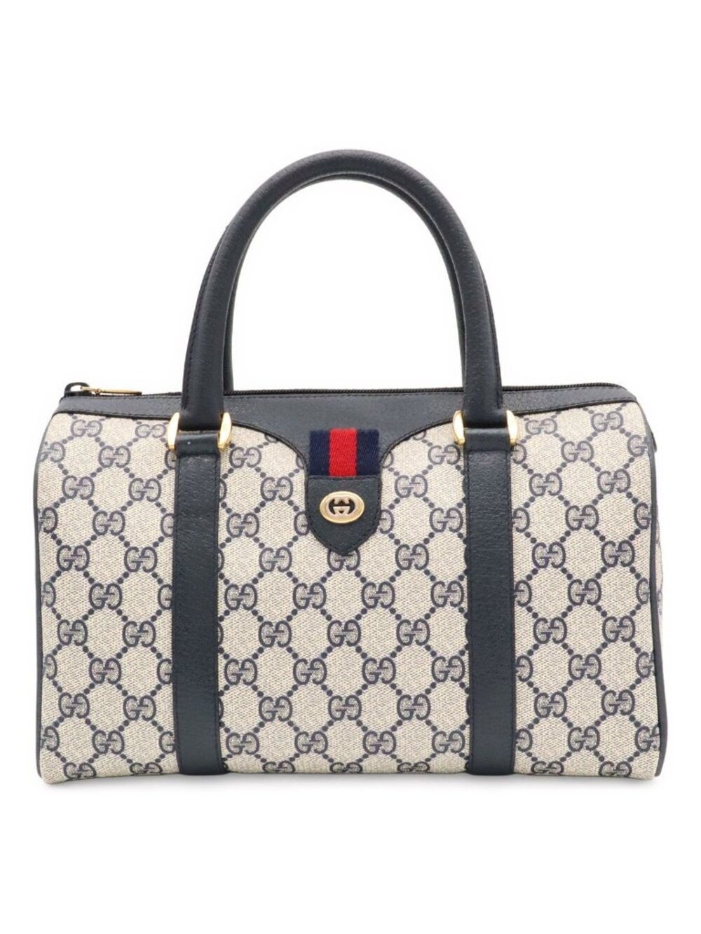 Gucci Vintage GG Plus Sherry Line Mini Boston Bag Leather Beige Navy 116.02.006